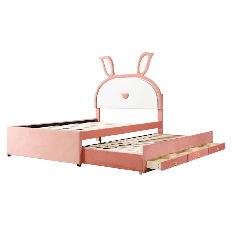 Cama de plataforma tapizada rosa tamaño Full con cama nido, 3 cajones y cabecero de conejo con LED