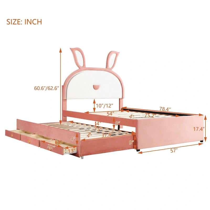Cama de plataforma tapizada rosa tamaño Full con cama nido, 3 cajones y cabecero de conejo con LED