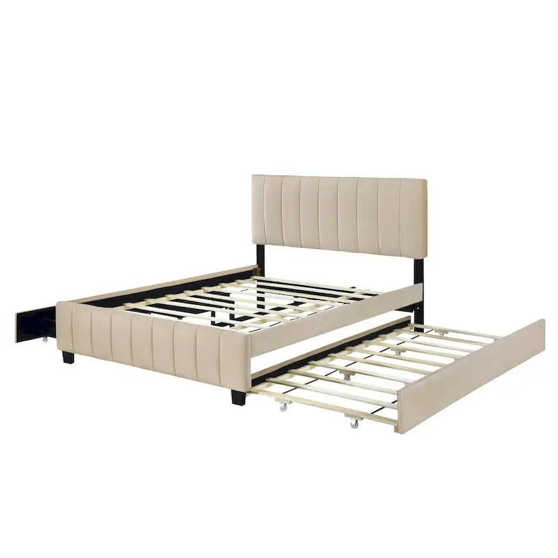 Cama de plataforma tapizada de terciopelo tamaño Queen con 2 cajones y 1 cama nido Twin XL