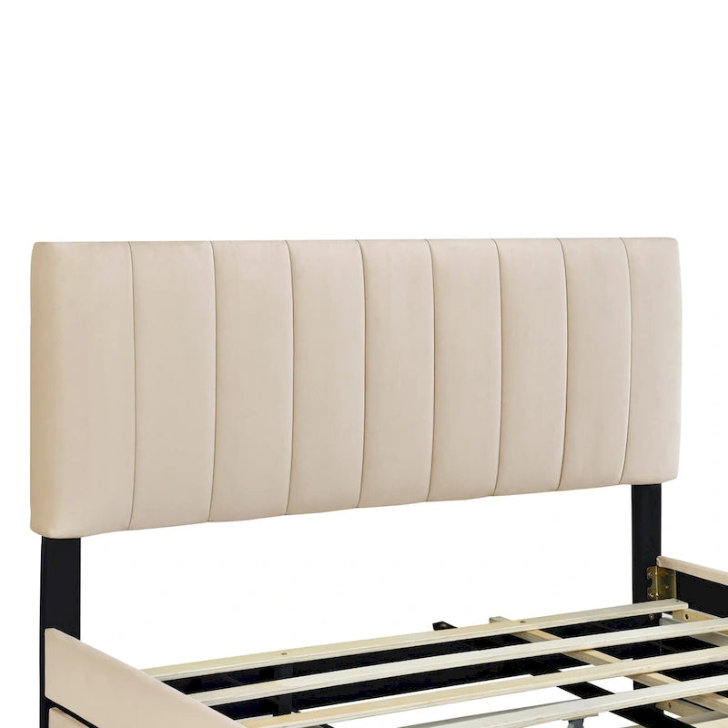 Cama de plataforma tapizada de terciopelo tamaño Queen con 2 cajones y 1 cama nido Twin XL
