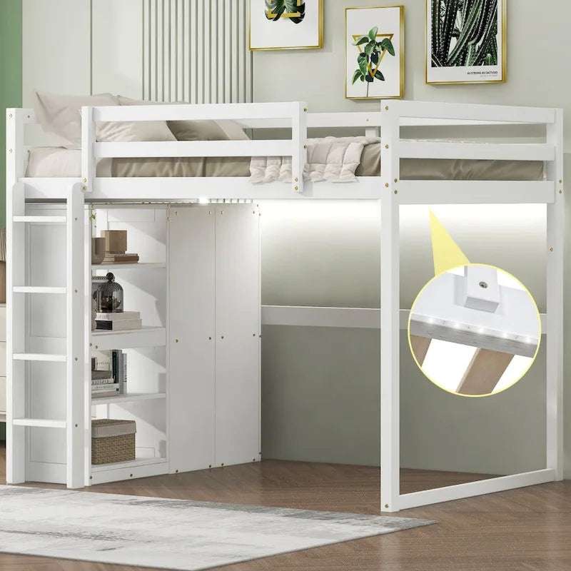 Cama alta de madera de tamaño Full con armario empotrado y estantes de almacenamiento