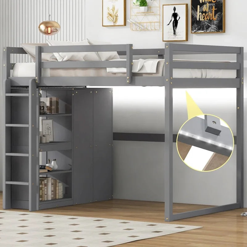 Cama alta de madera de tamaño Full con armario empotrado y estantes de almacenamiento