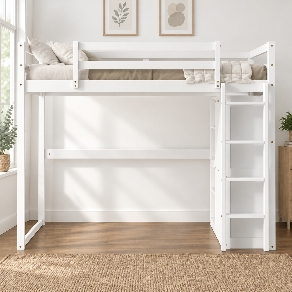 Cama alta de madera de tamaño Full con armario empotrado y estantes de almacenamiento
